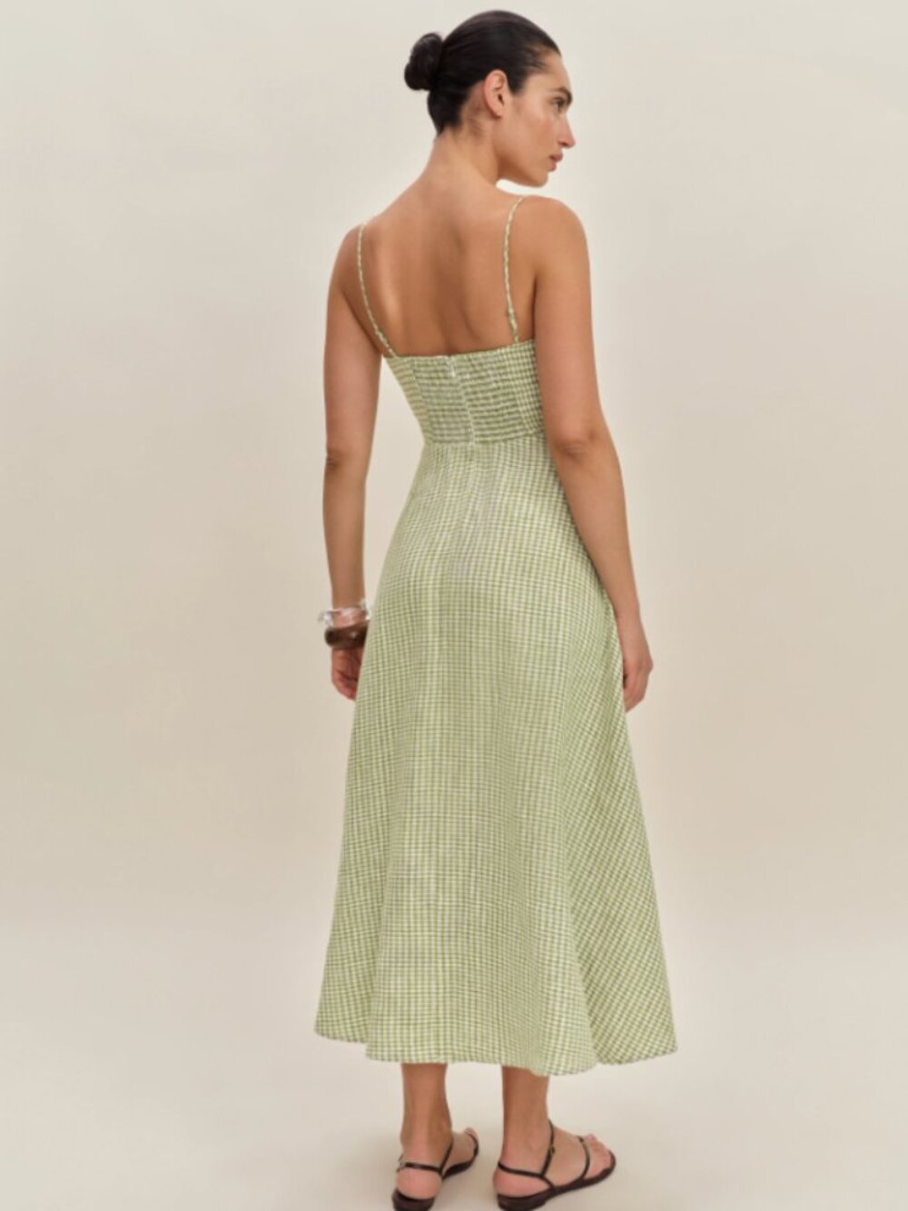 Reformation Monette Linen Dress - Size 4 - Avocado Check - Picture 9 of 11